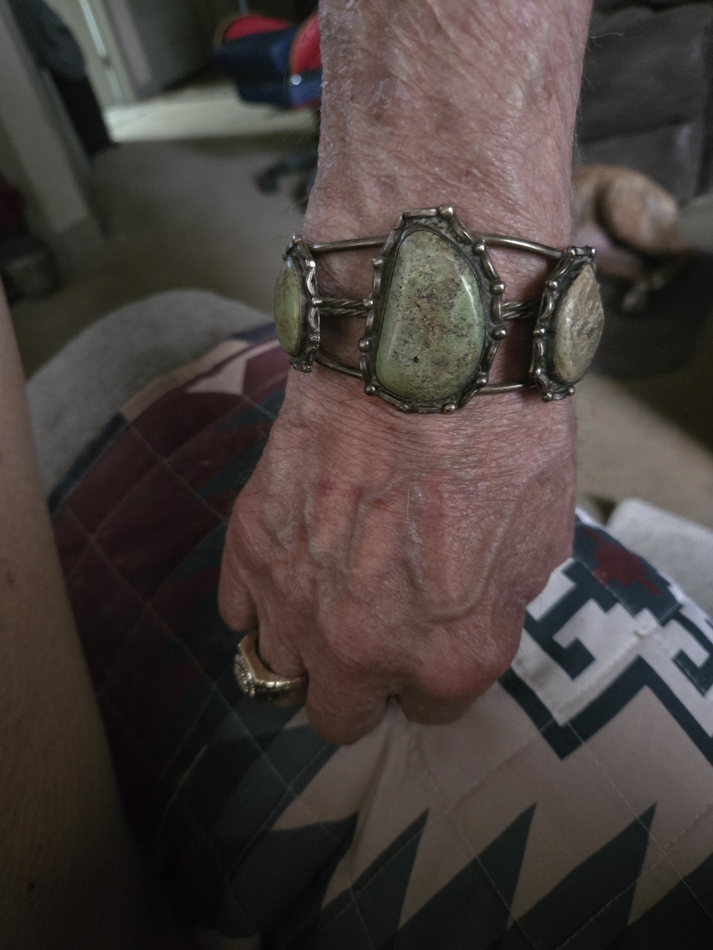 Green Stone Silver-Tone Cuff Bracelet